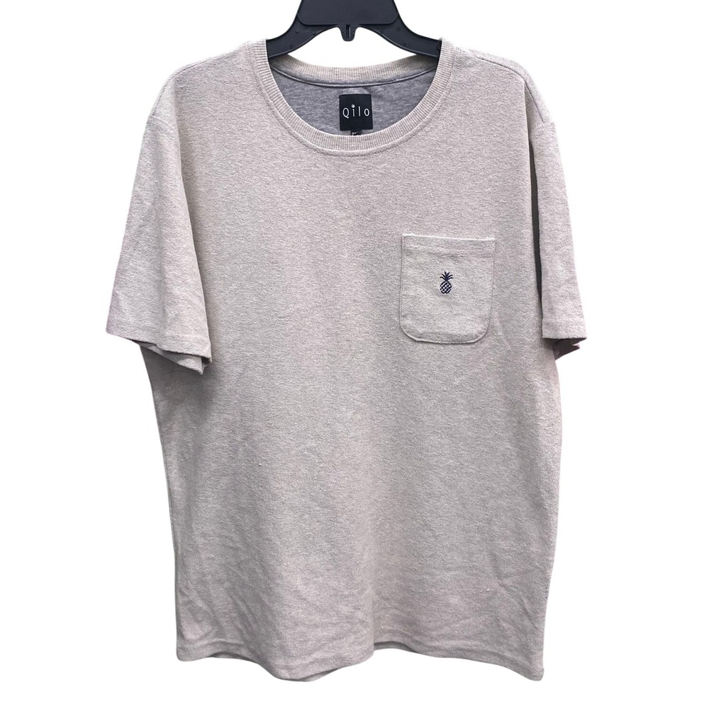 Qilo Mens Pineapple Embroidered Pocket T-Shirt 2XL Gray Slub Cotton Short Sleeve